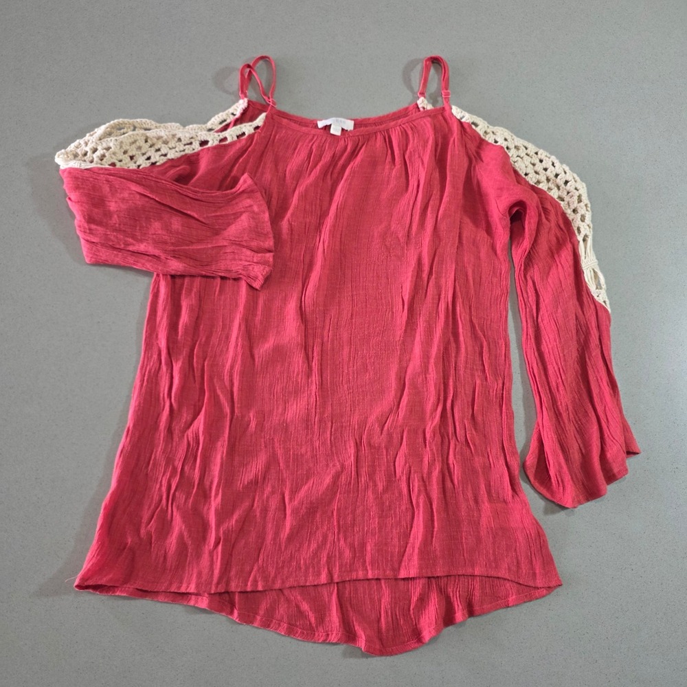 Umgee USA Womens Large Red Cold Shoulder Crochet Lace Bell Sleeve Top A1315